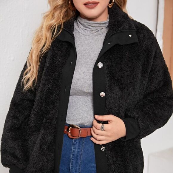 NEW! Super soft and warm PLUS Size Black Fuzzy Teddy Coat Jacket Button Front - Picture 4 of 5